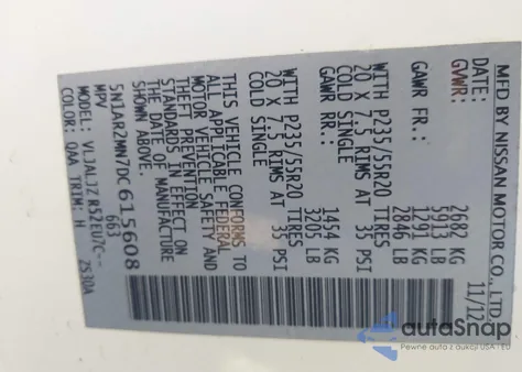 2013 Nissan Pathfinder Platinum z USA, uszkodzony, nr VIN 5N1AR2MN7DC615608